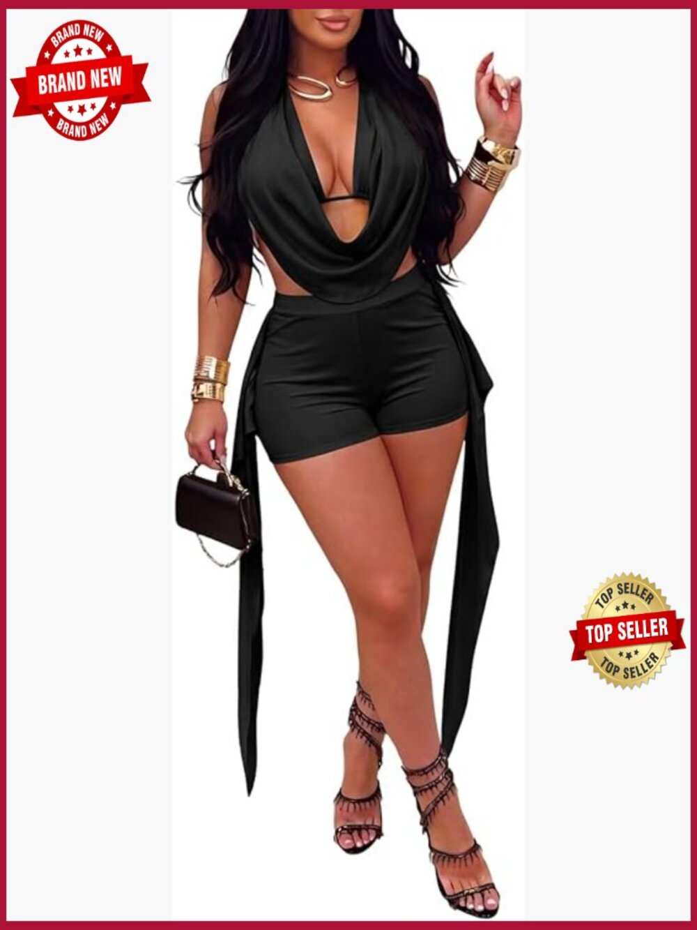 Women's 2 Piece Outfits Cowl Neck Halter Top Short Sets Clubwear Going Out Set S